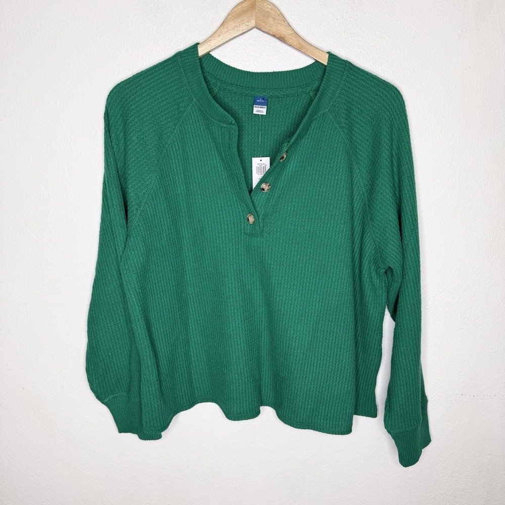 New‎ Old Navy Green Waffle Knit Henley Long Sleeve Shirt Women's Large Petite